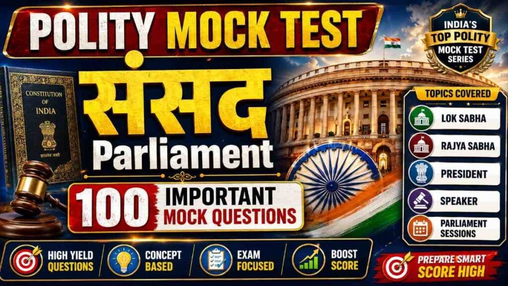 parliament mock test 100 important questions for Indian Parliament polity MCQ in Hindi